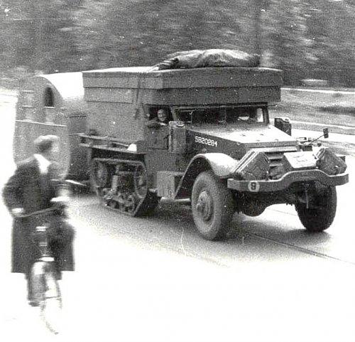 REME "Polar Bears" half track on road to Utrecht, Holland, in April 1945
